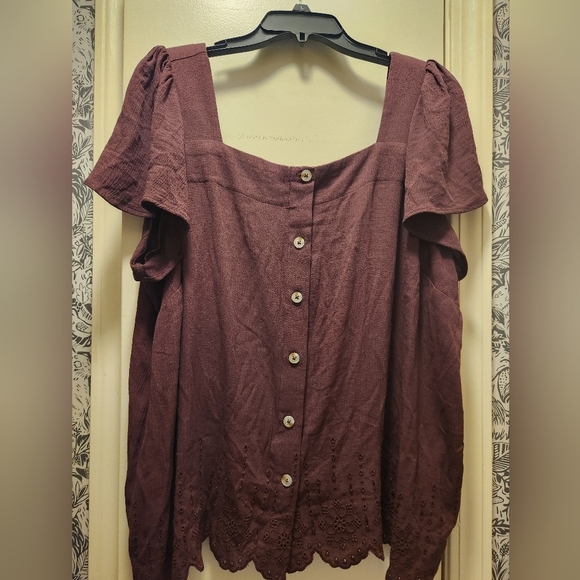 Torrid Deep Plum Color Ruffle Sleeve Buttoned Blouse - Picture 2 of 7
